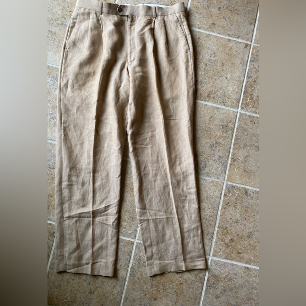 Louis Raphael - Mens tan linen blend soft fabric trousers, pleats & cuff, 36/32